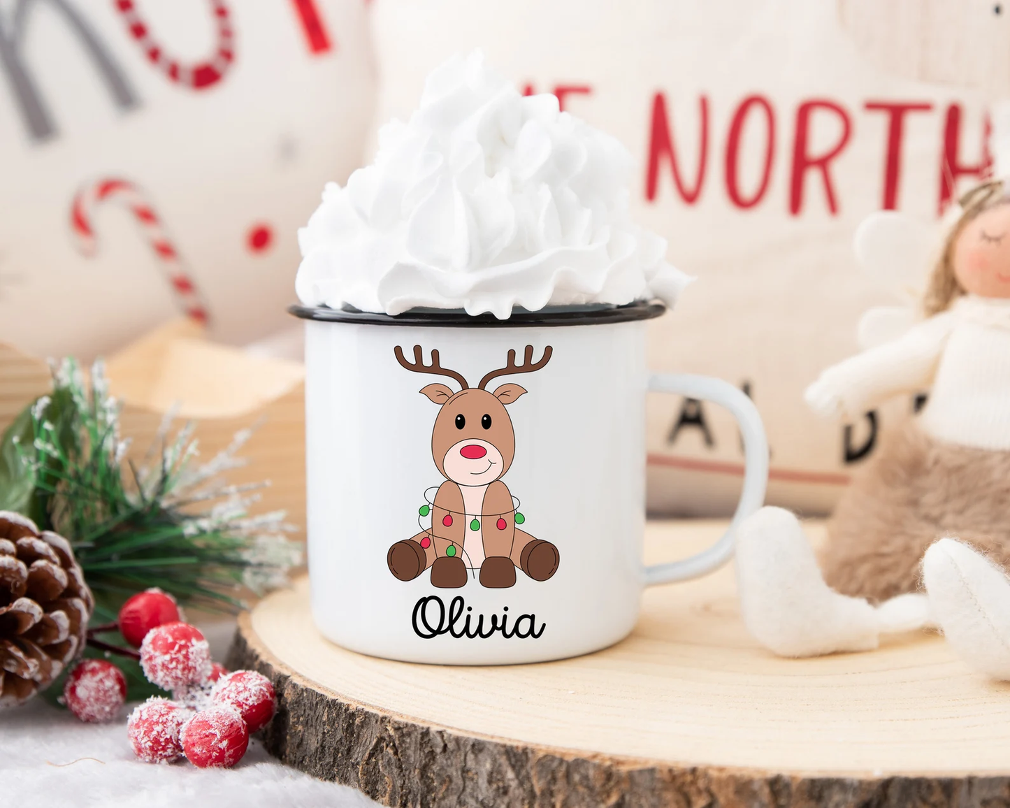 Personalized Christmas Reindeer Camper Mug with Custom Name